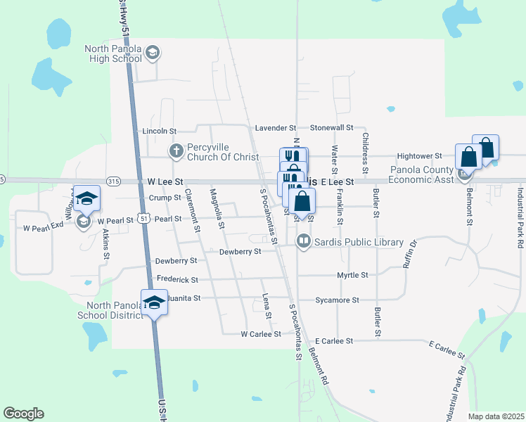 map of restaurants, bars, coffee shops, grocery stores, and more near 117 South Pocahontas Street in Sardis
