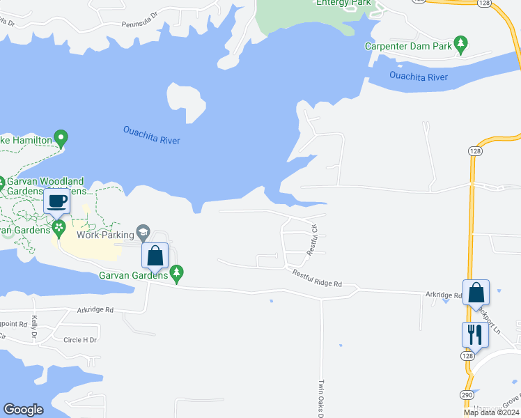 map of restaurants, bars, coffee shops, grocery stores, and more near 370 Restful Ridge Road in Garland County