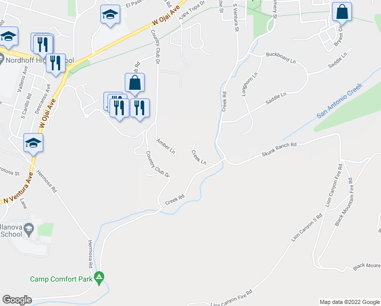 map of restaurants, bars, coffee shops, grocery stores, and more near 904 Creek Road in Ojai