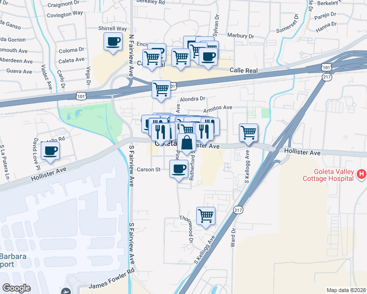 map of restaurants, bars, coffee shops, grocery stores, and more near 5777 Hollister Avenue in Goleta