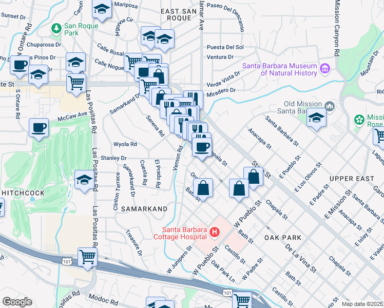 map of restaurants, bars, coffee shops, grocery stores, and more near 2705 De La Vina Street in Santa Barbara