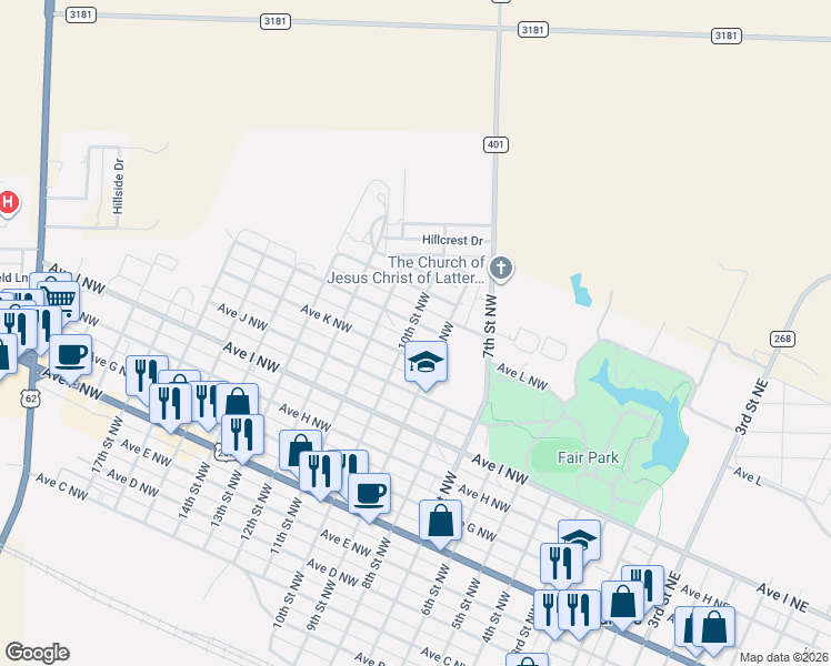 map of restaurants, bars, coffee shops, grocery stores, and more near 10th Street Northwest in Childress