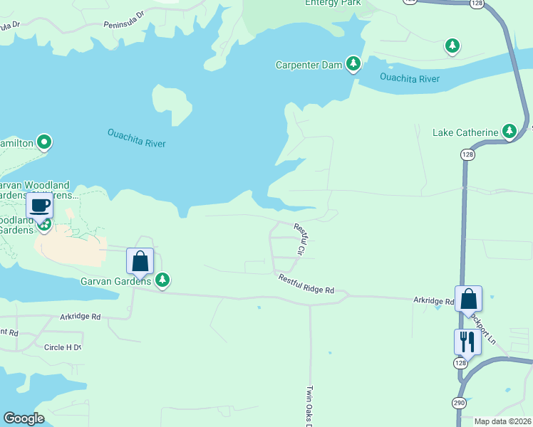 map of restaurants, bars, coffee shops, grocery stores, and more near 310 Restful Ridge Road in Garland County