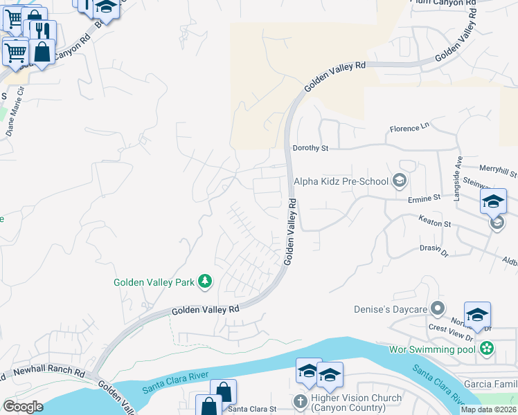 map of restaurants, bars, coffee shops, grocery stores, and more near 27545 Aster Way in Santa Clarita