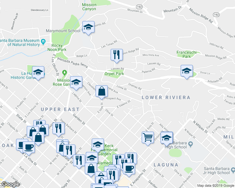 map of restaurants, bars, coffee shops, grocery stores, and more near 1747 Grand Avenue in Santa Barbara