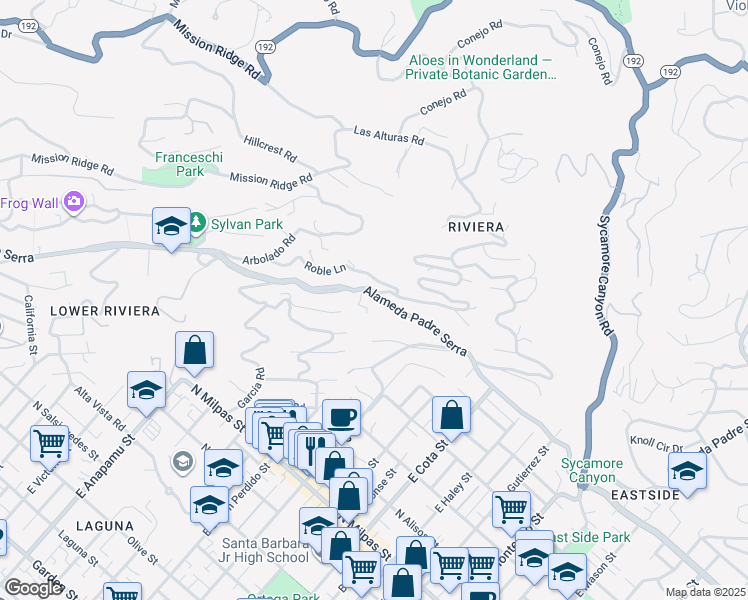 map of restaurants, bars, coffee shops, grocery stores, and more near 909 Alameda Padre Serra in Santa Barbara