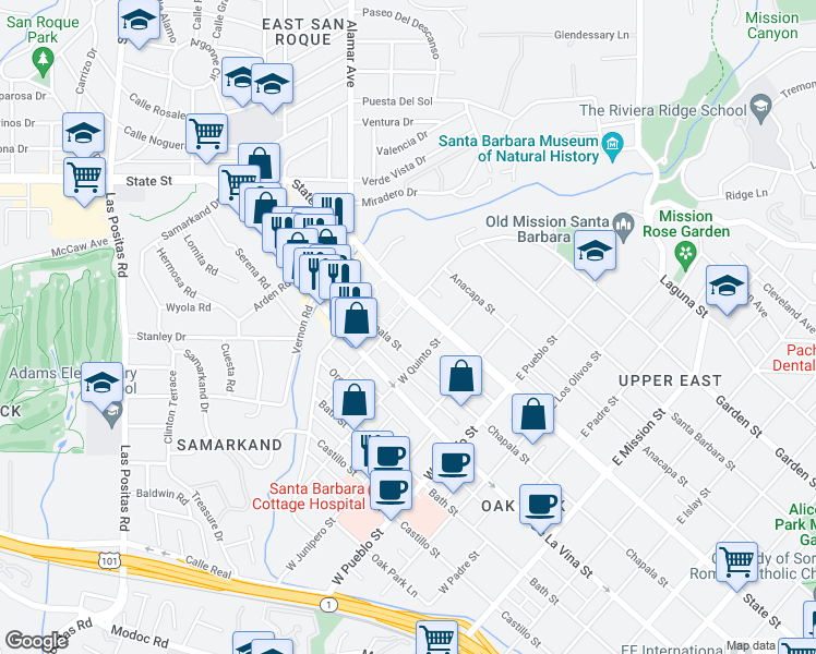 map of restaurants, bars, coffee shops, grocery stores, and more near 2525 State Street in Santa Barbara