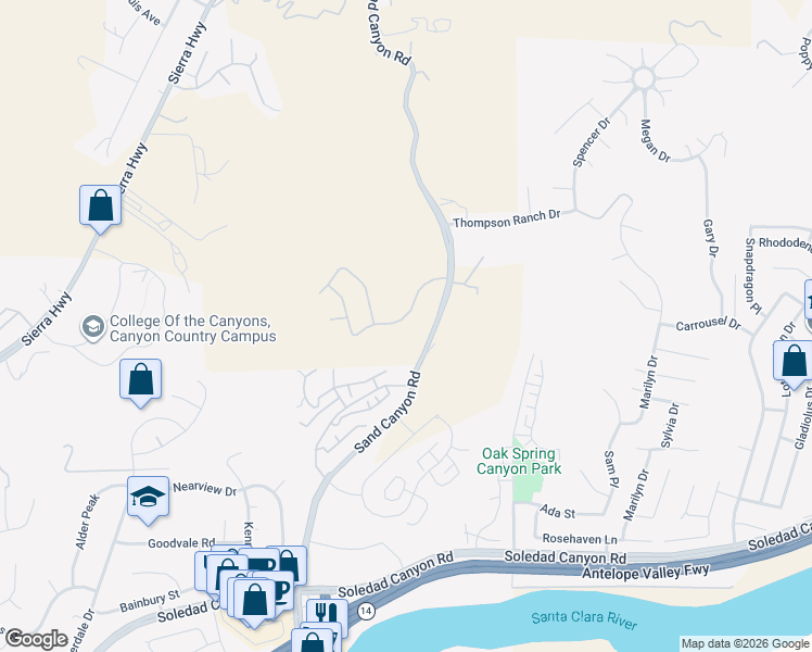 map of restaurants, bars, coffee shops, grocery stores, and more near 16190 Vista Point Lane in Santa Clarita