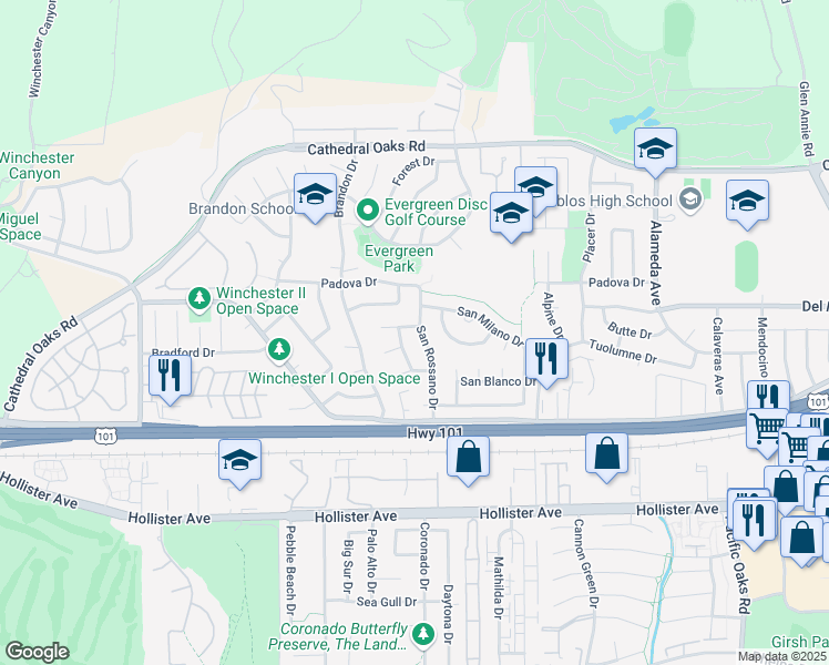 map of restaurants, bars, coffee shops, grocery stores, and more near 93 San Rossano Drive in Goleta