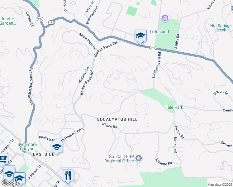 map of restaurants, bars, coffee shops, grocery stores, and more near 114 Coronada Circle in Santa Barbara