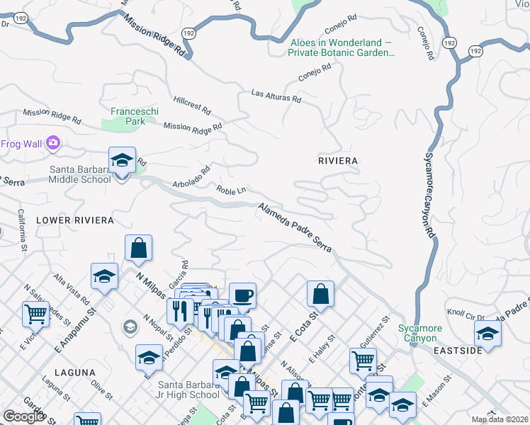 map of restaurants, bars, coffee shops, grocery stores, and more near 909 Alameda Padre Serra in Santa Barbara