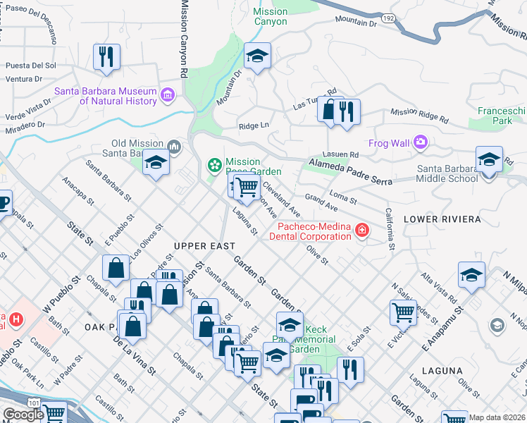 map of restaurants, bars, coffee shops, grocery stores, and more near 420 Montgomery Street in Santa Barbara