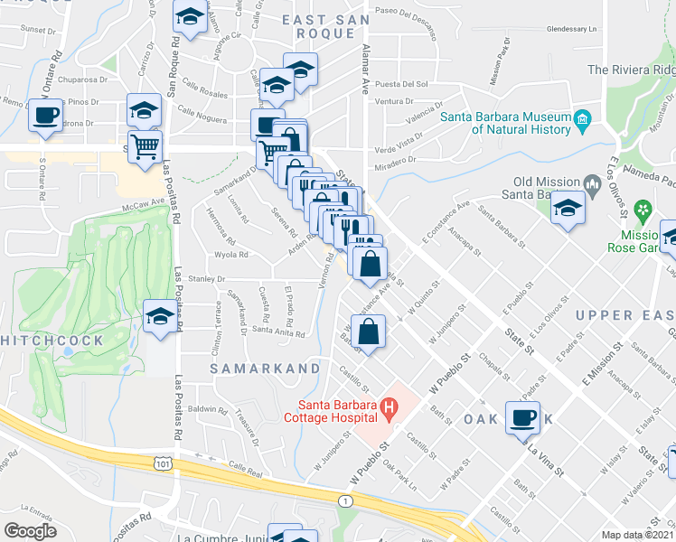 map of restaurants, bars, coffee shops, grocery stores, and more near 2705 De La Vina Street in Santa Barbara