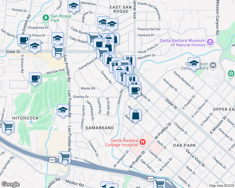 map of restaurants, bars, coffee shops, grocery stores, and more near 206 Stanley Drive in Santa Barbara
