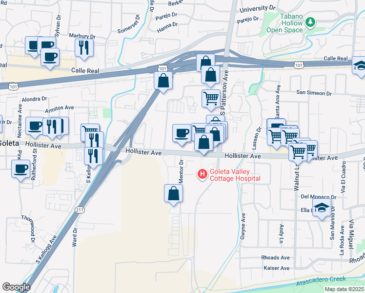 map of restaurants, bars, coffee shops, grocery stores, and more near 5396 Hollister Avenue in Goleta