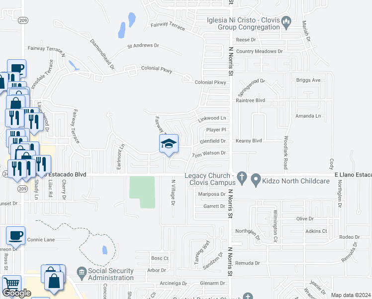 map of restaurants, bars, coffee shops, grocery stores, and more near 42 Paseo Village in Clovis