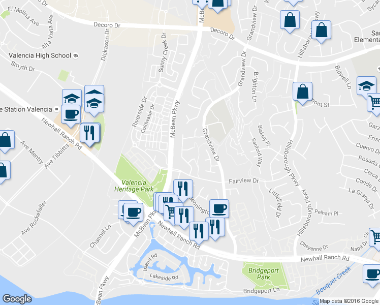 map of restaurants, bars, coffee shops, grocery stores, and more near 23916 Clayton Court in Santa Clarita