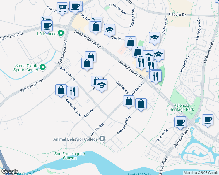 map of restaurants, bars, coffee shops, grocery stores, and more near 24833 Anza Drive in Santa Clarita