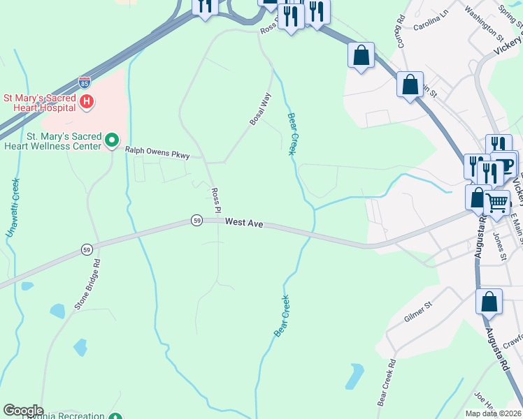 map of restaurants, bars, coffee shops, grocery stores, and more near 6670 West Avenue in Lavonia