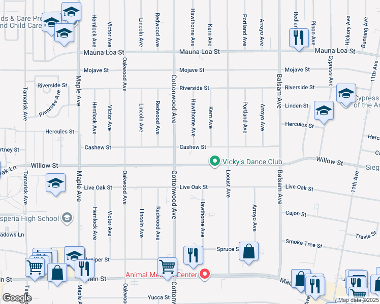 map of restaurants, bars, coffee shops, grocery stores, and more near 14961 Cashew Street in Hesperia
