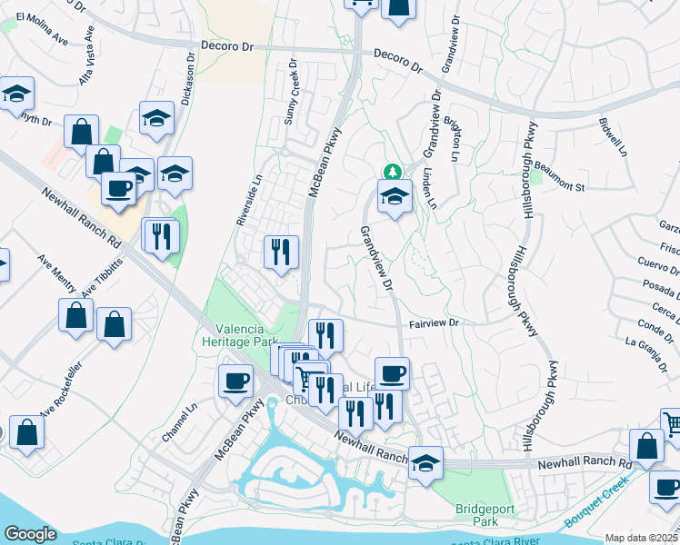 map of restaurants, bars, coffee shops, grocery stores, and more near 23916 Clayton Court in Santa Clarita