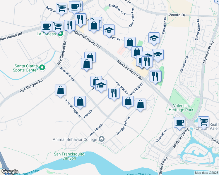 map of restaurants, bars, coffee shops, grocery stores, and more near 24833 Anza Drive in Santa Clarita
