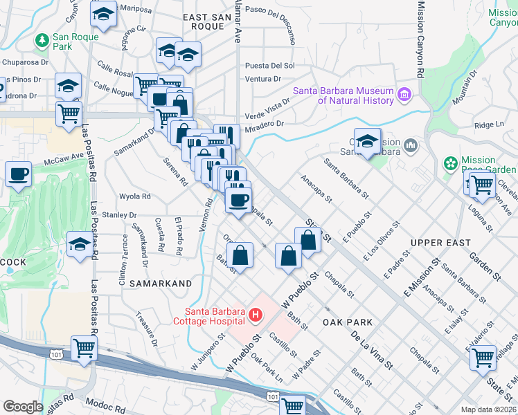 map of restaurants, bars, coffee shops, grocery stores, and more near 102 West Constance Avenue in Santa Barbara