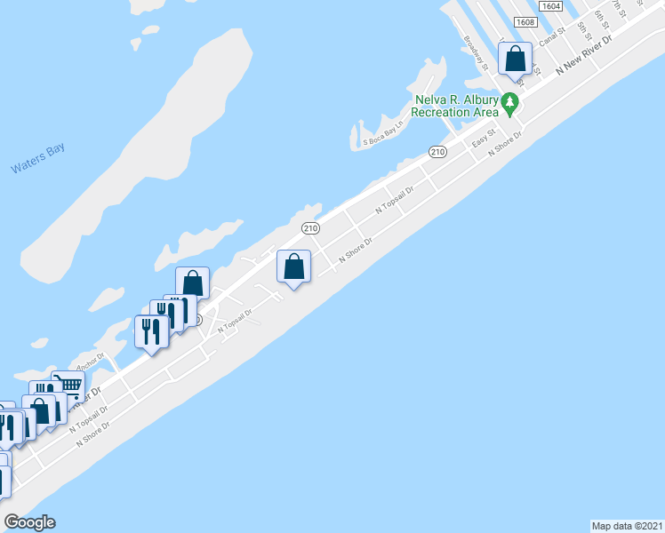 map of restaurants, bars, coffee shops, grocery stores, and more near North Shore Drive in Surf City