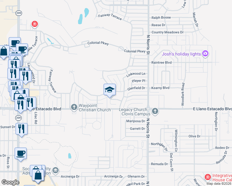 map of restaurants, bars, coffee shops, grocery stores, and more near in Clovis