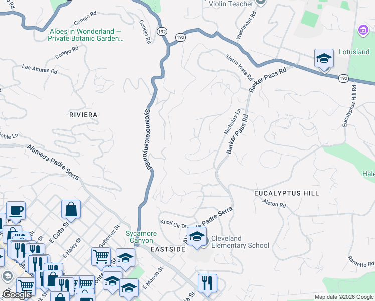 map of restaurants, bars, coffee shops, grocery stores, and more near 43 Via Alicia in Santa Barbara