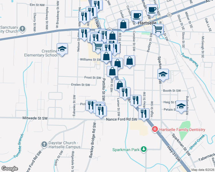 map of restaurants, bars, coffee shops, grocery stores, and more near 914 Pattillo Street Southwest in Hartselle