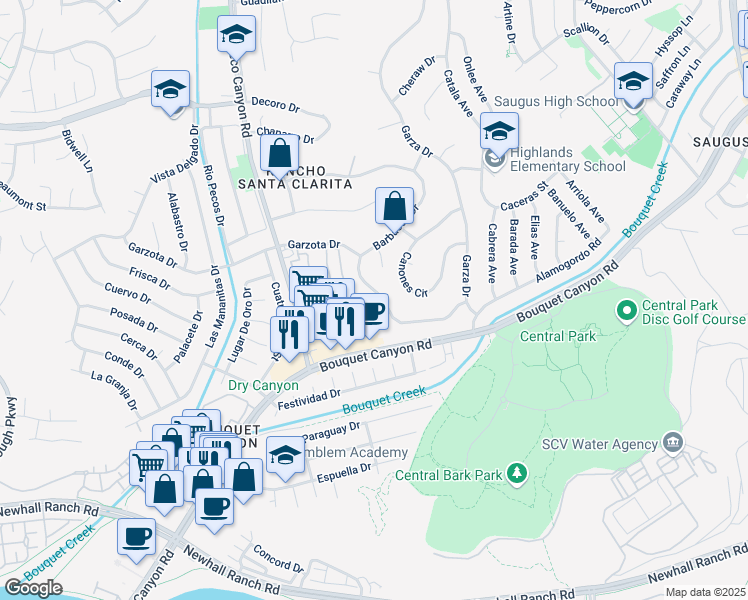 map of restaurants, bars, coffee shops, grocery stores, and more near 22220 Barbacoa Drive in Santa Clarita