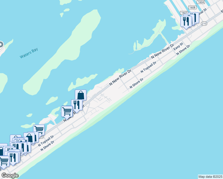 map of restaurants, bars, coffee shops, grocery stores, and more near 918 North New River Drive in Surf City