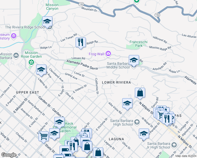 map of restaurants, bars, coffee shops, grocery stores, and more near 1536 Loma Street in Santa Barbara