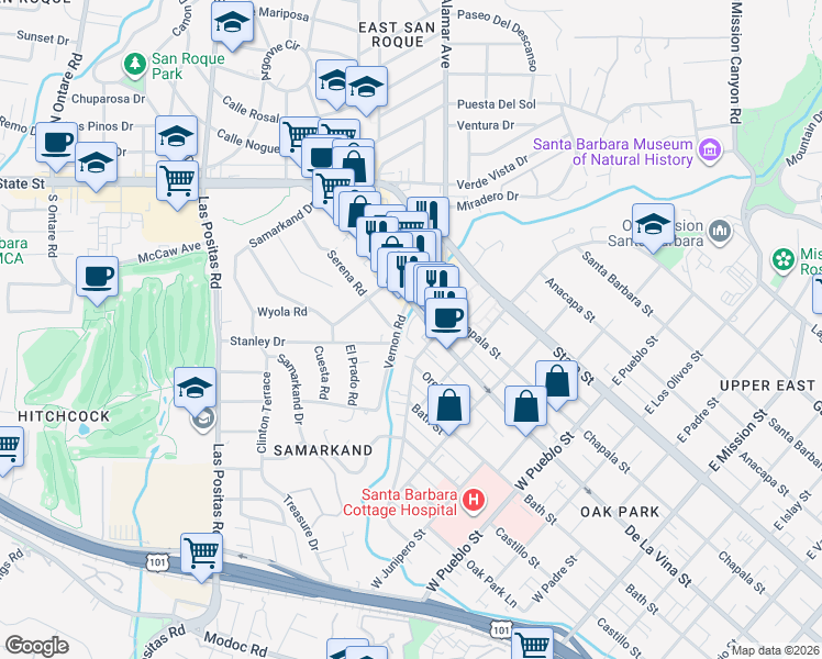 map of restaurants, bars, coffee shops, grocery stores, and more near 2717 De La Vina Street in Santa Barbara