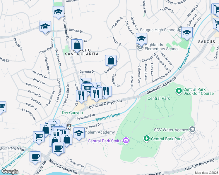 map of restaurants, bars, coffee shops, grocery stores, and more near 22211 Barbacoa Drive in Santa Clarita