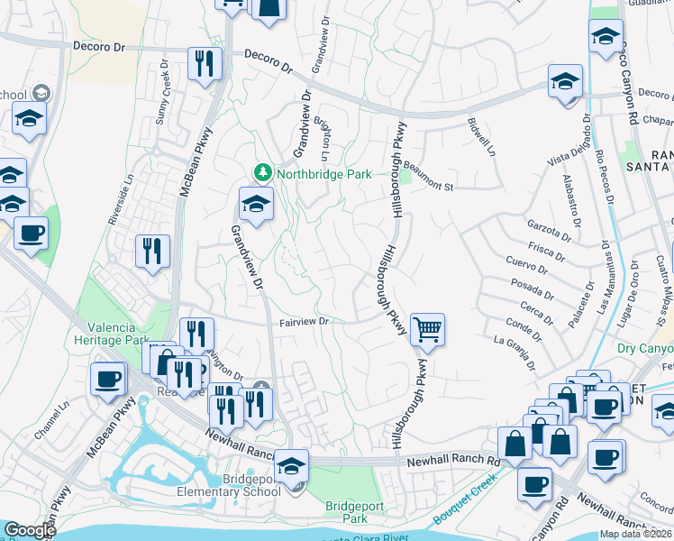 map of restaurants, bars, coffee shops, grocery stores, and more near 27152 Sanford Way in Santa Clarita