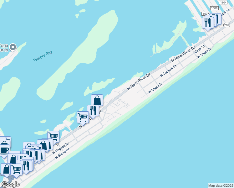map of restaurants, bars, coffee shops, grocery stores, and more near 204A Mandalay Court in Surf City