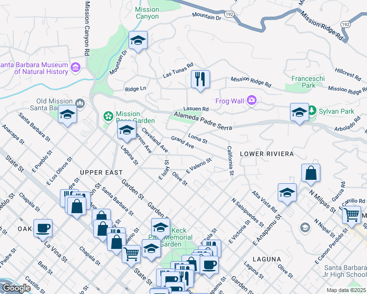 map of restaurants, bars, coffee shops, grocery stores, and more near 1747 Grand Avenue in Santa Barbara