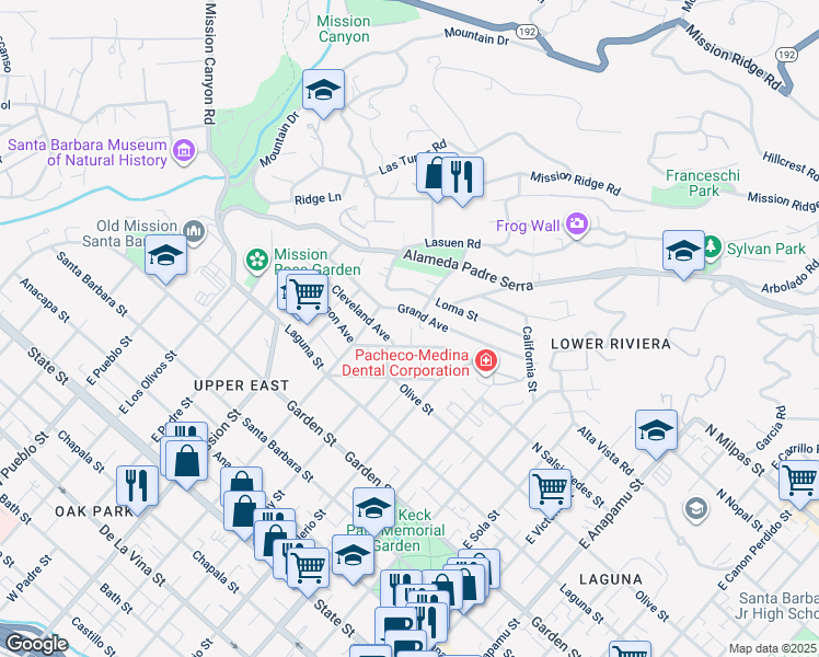 map of restaurants, bars, coffee shops, grocery stores, and more near 1804 Cleveland Avenue in Santa Barbara