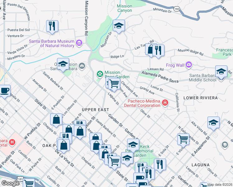 map of restaurants, bars, coffee shops, grocery stores, and more near 420 Montgomery Street in Santa Barbara