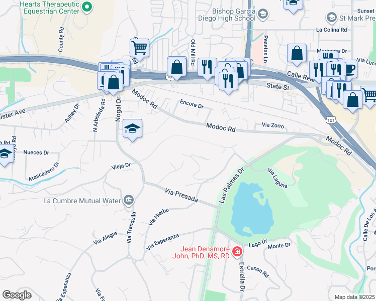 map of restaurants, bars, coffee shops, grocery stores, and more near 400 Via Dichosa in Santa Barbara