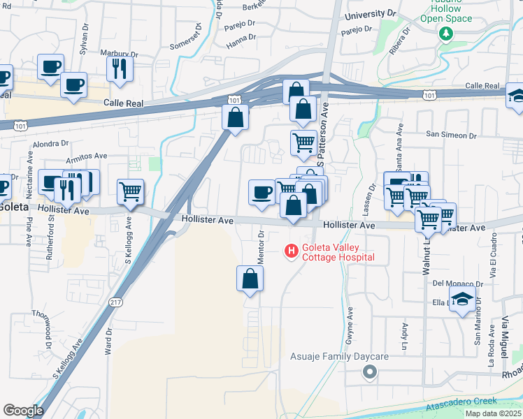 map of restaurants, bars, coffee shops, grocery stores, and more near 5396 Hollister Avenue in Goleta