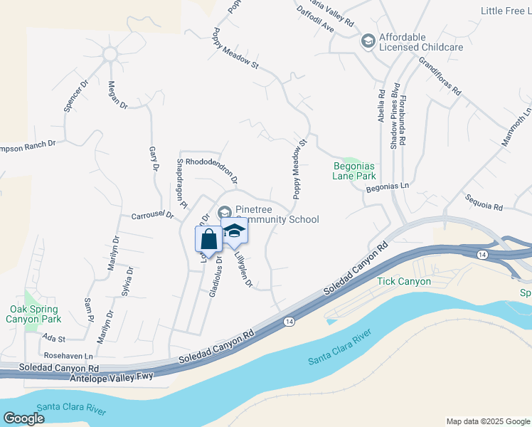 map of restaurants, bars, coffee shops, grocery stores, and more near 29127 Poppy Meadow Street in Santa Clarita