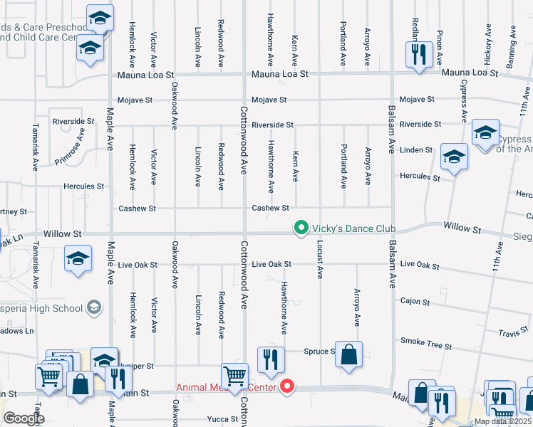 map of restaurants, bars, coffee shops, grocery stores, and more near 14961 Cashew Street in Hesperia