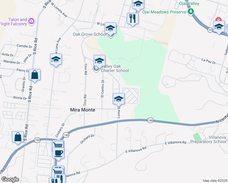 map of restaurants, bars, coffee shops, grocery stores, and more near 1075 Loma Drive in Ojai