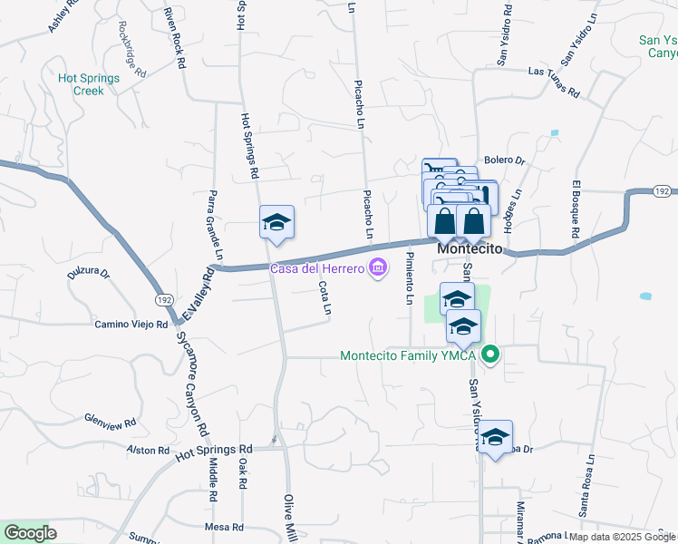 map of restaurants, bars, coffee shops, grocery stores, and more near 1373 East Valley Road in Montecito