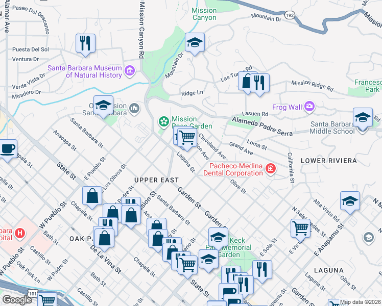 map of restaurants, bars, coffee shops, grocery stores, and more near 420 Montgomery Street in Santa Barbara
