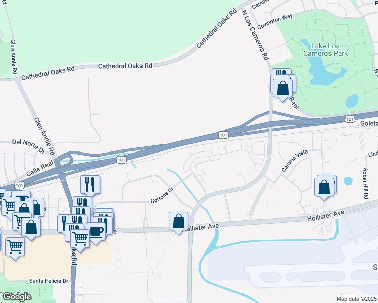 map of restaurants, bars, coffee shops, grocery stores, and more near 6642 Sand Castle Place in Goleta