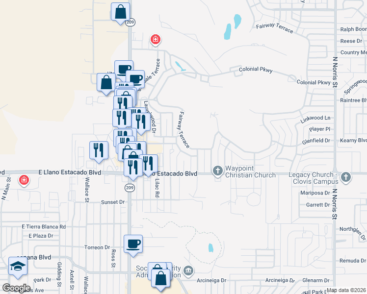 map of restaurants, bars, coffee shops, grocery stores, and more near 3517 Adenmor Court in Clovis